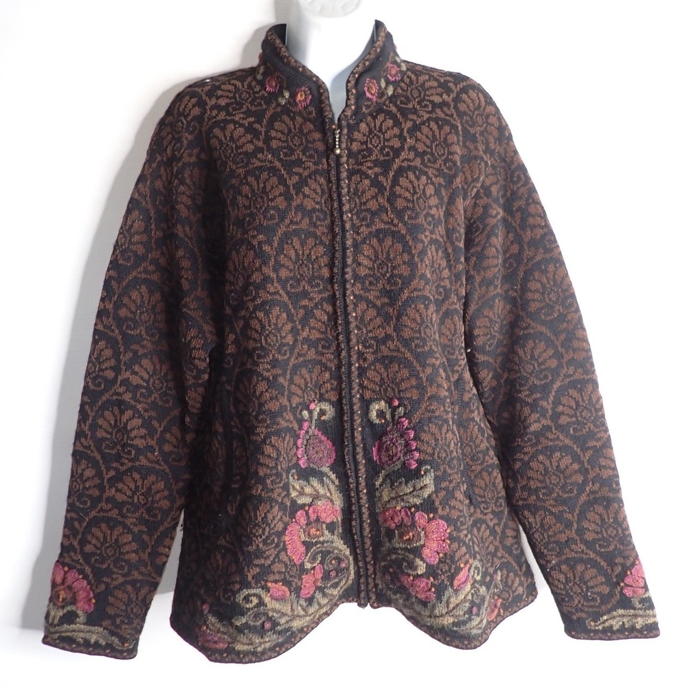 Icelandic Design Womens Floral Embroidered Wool Full Zip Jacket Brown Size L